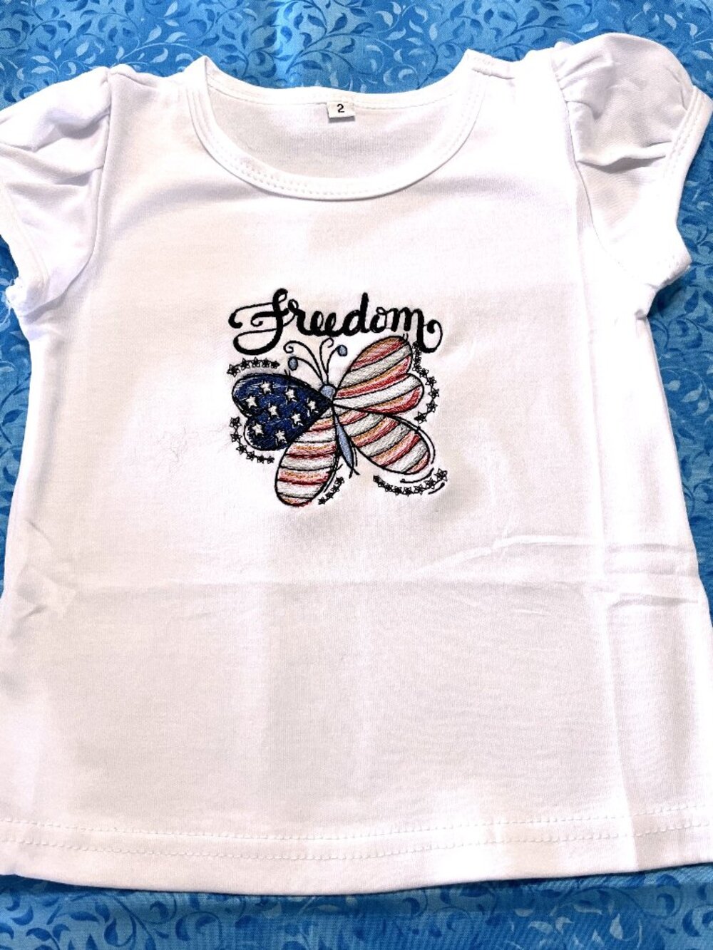 Puff Sleeve Girls T-shirt Butterfly White with Embroidery front Red white Blue